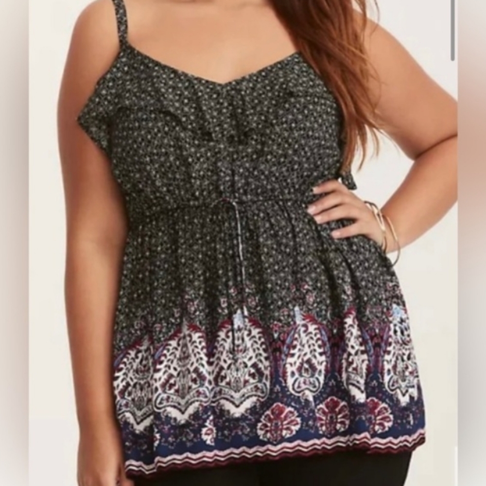 Torrid challis tank top, ruffled top, adjustable tie waist,babydoll Paisley sz 3